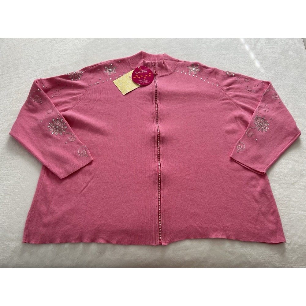 Quacker Factory Full Zip Embroidered Pink Silver Holiday Cardigan Sweater Sz 2X